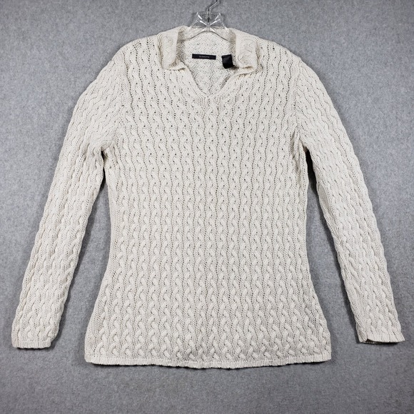 Liz Claiborne Sweaters - Liz Claiborne Womens Sweater Petite Large Ivory Cable Knit Polo V-Neck Good